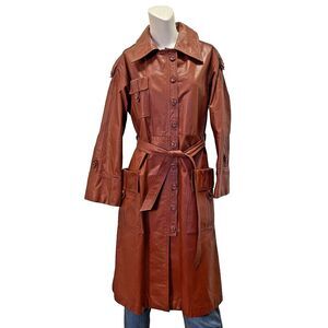 Vintage 70s PBD Burgundy Brown Long Leather Trench Nine Button Spy Coat - M